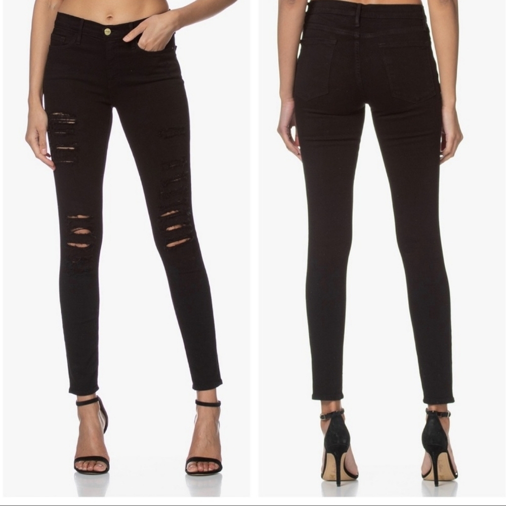 ​NWT FRAME Le Skinny De Jeanne Film Noir Black Distressed Jeans Sz 28